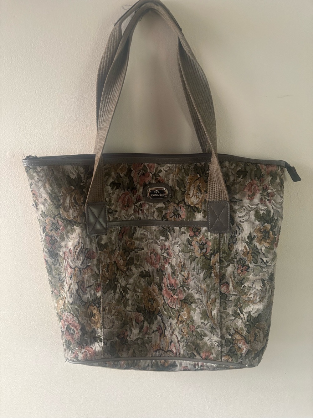Floral Tapestry Tote Bag - Taupe Handles
